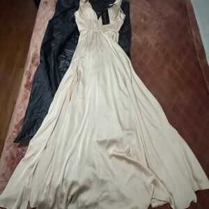 LADivine Bridesmaid 7469 V Neck High Slit Satin Flowy A-Line Dress